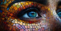 Close-up of bright blue eye with artistic mosaic pattern makeup in vibrant orange, red and gold colors creating stained glass effect on skin around eye area.