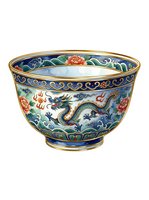 Ornate porcelain bowl featuring hand-painted dragon and floral motifs with gold trim detailing. Traditional Asian ceramic design with cobalt blue background, red peonies, and intricate scrollwork patterns. Decorative tableware for collectors and cultural enthusiasts.