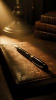 Vintage leather journal with fountain pen under warm lamp light, stacked antique books nearby, creating nostalgic writing atmosphere for literature, education, and storytelling projects.
