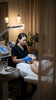 Professional aesthetician performing facial treatment on female client in modern spa with advanced equipment and warm ambient lighting.