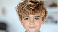 Young boy with tousled blonde hair and bright blue eyes smiling warmly at camera against light background, showcasing natural childhood joy and innocence.
