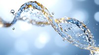 Dynamic spiral of crystal clear water with floating droplets creating elegant wave pattern against soft blue background. Suitable for wellness and spa designs.