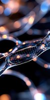Delicate spider web with water droplets glistening in soft bokeh light, creating magical atmosphere against dark background.