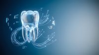 Glowing transparent tooth with swirling particles on blue gradient background for dental care and oral health concepts in medical presentations.