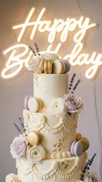 Elegant tiered birthday cake with gold leaf, macarons, lavender, and blush roses glowing under a neon Happy Birthday sign.