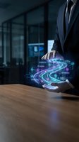 Businessman in dark suit holding glowing digital network visualization with interconnected nodes and data flow lines above wooden desk in modern office environment.