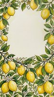 Lemon tree branches with yellow fruits, green leaves, and white blossoms frame a cream background. Hand-drawn botanical border design for invitations, menus, and stationery projects.