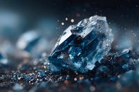 Blue crystal gemstone with sparkling particles and bokeh lights on dark surface for jewelry design and luxury decoration projects.