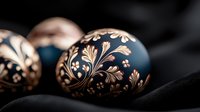 Elegant Easter eggs with intricate gold floral pattern on matte black surface. Traditional folk art decoration style captured in dramatic lighting on dark background.