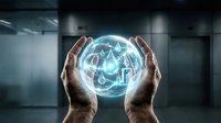 Hands holding glowing digital globe with network connections and technology icons, representing global connectivity, data exchange, and smart business solutions for corporate environments.
