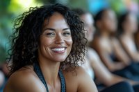 Happy mixed-race woman with curly hair smiling during fitness class or yoga session with blurred people in background for wellness and exercise content.