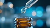 Liquid drop falling from glass dropper into amber bottle with blurred blue bokeh background, capturing precise moment of essential oil or medicine dispensing.