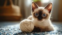 Siamese kitten with bright blue eyes lying on blue carpet next to beige yarn ball, soft natural window lighting creates cozy home atmosphere.