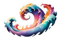 Colorful stylized ocean wave with swirling gradient patterns in vibrant orange, purple, blue and turquoise tones on white background, isolated design element for creative projects.