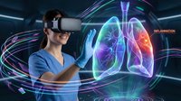 Medical professional using virtual reality headset to examine holographic lung anatomy with colorful digital visualization for healthcare education and training.