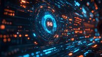 Futuristic 5G network technology concept with glowing blue circular hologram and orange data streams in digital cyberspace background.
