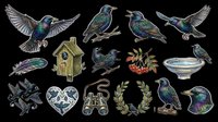 Hummingbirds, songbirds, and garden elements isolated on transparent background. Ready for t-shirt design, clipart, stickers, sublimation, and print-on-demand projects. Multiple bird species with birdhouse, berries, and decorative botanical elements.