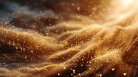 Golden glittering particles flowing in abstract waves against dark background create magical atmospheric effect for luxury designs.