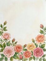 Watercolor roses and buds arranged along bottom and sides of cream background, leaving ample copy space. Soft pink, coral, and yellow blooms with green foliage ideal for wedding invitations, greeting cards, and stationery design.