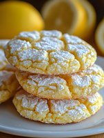 Fresh lemon crinkle cookies dusted with powdered sugar stacked on white plate, with bright yellow citrus fruits in background, showing soft crackled texture.
