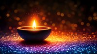 Traditional oil lamp with glowing flame against dark background with colorful bokeh lights creating festive atmosphere for Diwali celebration.
