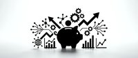 Piggy bank surrounded by business growth icons including charts, gears, arrows and financial symbols on white background for investment concepts.