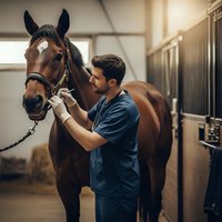 Young male veterinarian examining brown horse with stethoscope in modern stable during routine health checkup and medical care session.