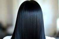 Straight black glossy hair close-up showing smooth, healthy texture and shine after professional salon treatment or hair care routine on Asian woman.