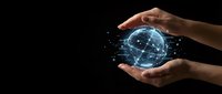 Human hands protecting glowing digital globe with network connections on black background representing global technology and data security concepts.
