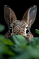 Curious wild rabbit peeking through green foliage, close-up portrait showing big eyes and ears against dark background, selective focus on face creates depth.