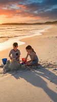 Two children building sandcastle on beach at sunset with colorful sky and ocean waves creating magical golden hour family vacation moment.