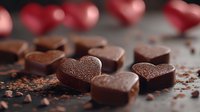Dark chocolate heart shaped candies with cocoa powder dusting on dark background, romantic food photography with red heart decorations for Valentine's Day celebration.