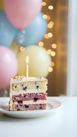 Birthday cake slice with lit candle, colorful balloons and bokeh lights creating festive celebration atmosphere for party events and special occasions.