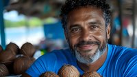 Cheerful mature man with gray beard wearing blue t-shirt holding fresh coconuts at tropical market stall, displaying genuine warm smile and positive attitude.