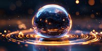 Glowing crystal ball with digital city inside floating above golden rippling surface against dark background with bokeh lights.