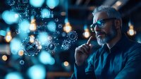 Mature Caucasian businessman with gray beard contemplating innovative solutions, surrounded by glowing gear icons and bokeh lights in dark office environment.