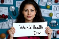 Young woman holding World Health Day sign against medical background with healthcare illustrations and symbols.
