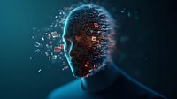 Digital human head silhouette dissolving into glowing data particles against dark background, representing artificial intelligence and machine learning technology.