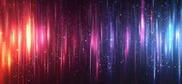 Vibrant glowing vertical light streaks in red, pink and blue colors with sparkles and particles creating magical aurora effect on dark background.
