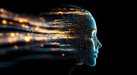 Glowing particles forming female profile silhouette against dark background, digital transformation concept with light effects and bokeh elements.