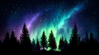 Vibrant aurora borealis illuminates night sky with green and purple colors above silhouetted pine forest landscape. Starry cosmic background creates magical atmosphere.