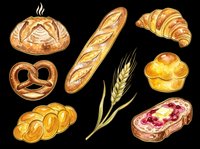 Watercolor bakery clipart set with bread loaf, baguette, croissant, pretzel, muffin, challah, toast, and wheat. Isolated, transparent background, ready for stickers, t-shirt design, print on demand.