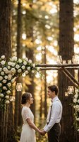 Romantic couple exchanging vows under rustic wooden arch decorated with white roses and candles in enchanted forest setting during golden hour ceremony.