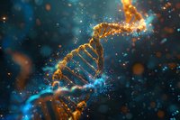 Glowing DNA helix structure in orange and blue colors with sparkles and particles floating in dark space, molecular biology science concept for genetics research.