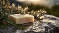 Handmade natural soap bar with rosemary sprigs on rustic stone surface in warm sunset light, showcasing organic skincare products.