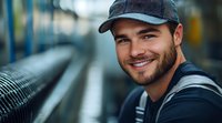 Confident young Caucasian man with beard wearing baseball cap and backpack smiling outdoors, portrait with blurred urban background and natural lighting.
