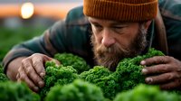 Bearded farmer in brown beanie carefully inspecting fresh organic kale leaves during harvest at sunset, demonstrating sustainable agriculture and farm-to-table practices.
