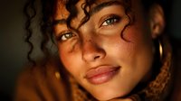 Young mixed-race woman with curly hair in warm golden sunlight creating beautiful shadow patterns on her face during golden hour portrait photography.