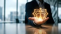 Corporate leader holding glowing crown icon above palm, symbolizing success, achievement, and business leadership in modern office environment.