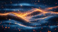 Magical cosmic waves of orange and blue light dance across dark space with glowing particles and bokeh effects creating ethereal abstract background pattern.